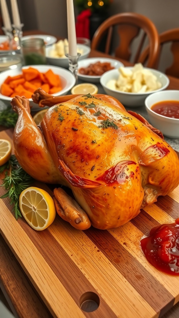 A golden roasted turkey garnished with herbs and lemon, surrounded by festive side dishes on a dining table.